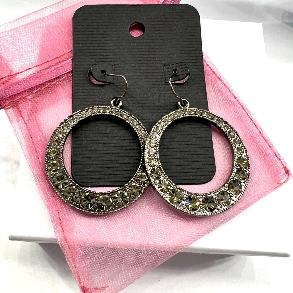 Art Deco Style Silver Tone Rhinestone Aurora Borealis Round Dangle Earrings